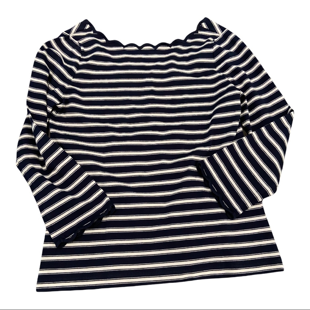 Kate Spade Navy & White Striped Top. Embroidered scalloped edges. EUC. Small